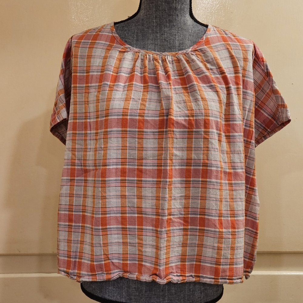 Madewell Plaid Cotton Short Sleeve Peasant Top – Size M